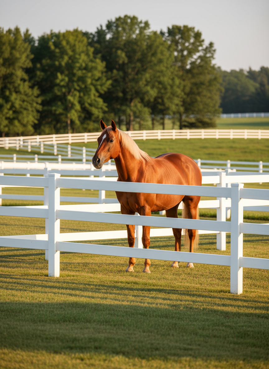 A stately chestnut horse with a glossy, well-groomed coat stands calmly in the center of a pristine paddock, its mane neatly brushed and tail relaxed. The paddock is enclosed by immaculate white vinyl fencing and bordered by tidy green pastures stretching toward a line of mature trees. Early evening golden-hour sunlight bathes the scene in a warm glow, catching subtle highlights along the horse’s muscles and casting elegant, elongated shadows on the manicured grass. Photographed at eye level with a slightly off-center composition and shallow depth of field, the background softly blurs to emphasize the horse’s serene presence. The mood is sophisticated and tranquil, with photographic realism and a refined, upscale countryside aesthetic that suggests premium horse boarding.
