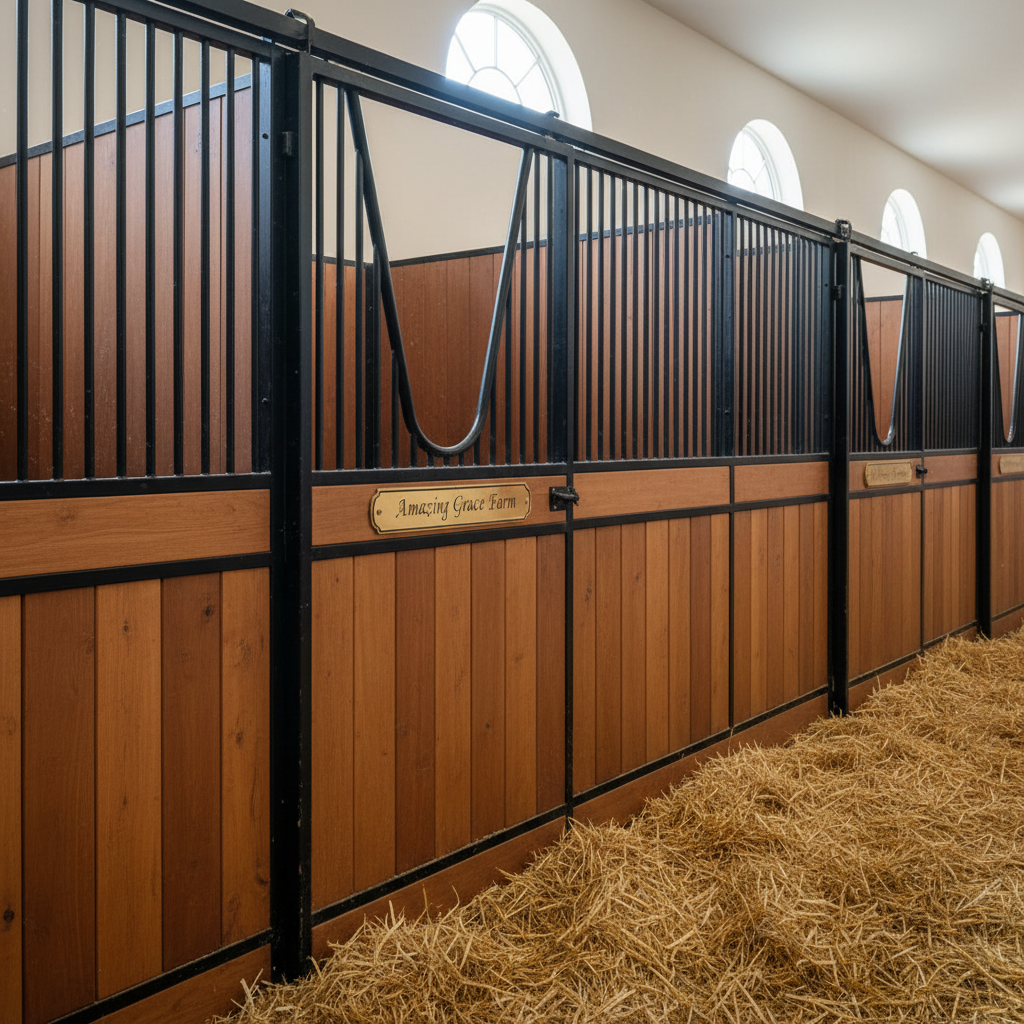 An elegant, freshly bedded box stall inside a high-end horse barn, featuring smooth tongue-and-groove wooden walls in a rich honey tone, black powder-coated metal grills, and a gleaming brass nameplate on the door reading “Amazing Grace Farm.” The stall floor is covered in deep, clean straw with subtle golden hues, neatly raked into soft, inviting contours. Diffused natural light streams through upper windows along the aisle, creating gentle beams that illuminate dust motes and add depth to the textures of wood and straw. Shot from a three-quarter angle down the aisle, multiple identical stalls recede into soft focus, suggesting meticulous order and care. The mood is calm, polished, and sophisticated, captured in photographic realism with a clean, upscale equestrian aesthetic ideal for a luxury boarding facility.