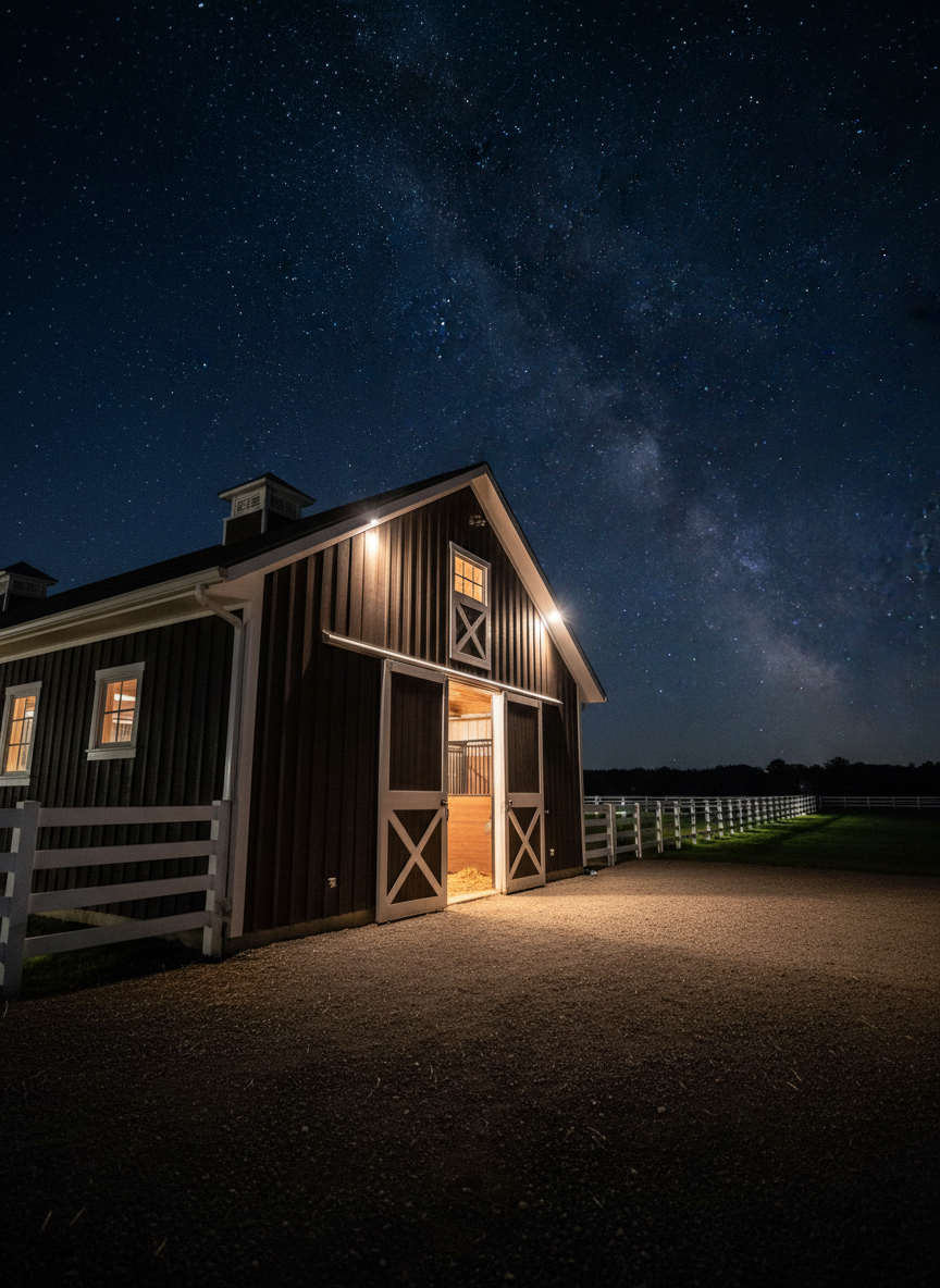 A serene night-time scene of a high-end horse boarding barn exterior at Amazing Grace Farm, with the structure’s dark wood siding and white trim illuminated by tasteful, warm downlighting along the eaves. The barn doors are partially open, revealing a soft amber glow from within and hinting at tidy stalls and content horses. The surrounding paddocks are outlined by low, white fencing that catches subtle highlights from discreet ground lights, while the sky above is a deep navy sprinkled with distant stars. Photographed from a low angle at the barn’s corner, the composition emphasizes strong lines and perspective, drawing the eye along the building into the softly lit distance. The atmosphere is peaceful, secure, and sophisticated, with photographic realism and an understated luxury country estate feel that reassures owners their horses are well cared for at all hours.