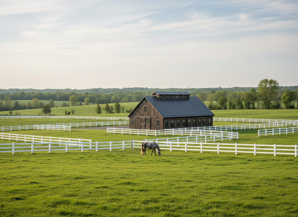 A panoramic view of Amazing Grace Farm’s future boarding pastures in Greenwood, Delaware, envisioned as expansive emerald-green fields segmented by crisp white fencing. In the mid-ground, a graceful grey horse grazes near a modern, dark-wood barn with a steep roofline and neatly aligned windows, all surrounded by low, rolling countryside. Soft late-morning sunlight filters through high, thin clouds, creating an even, luminous quality with minimal harsh shadows, allowing every detail of grass, fence, and barn siding to be clearly visible. Photographed from a slightly elevated angle with a wide-angle lens, the composition follows the rule of thirds, leading the eye from foreground grass to distant tree line. The atmosphere is serene, aspirational, and refined, with photographic realism that conveys a premium, coming-soon horse boarding destination.