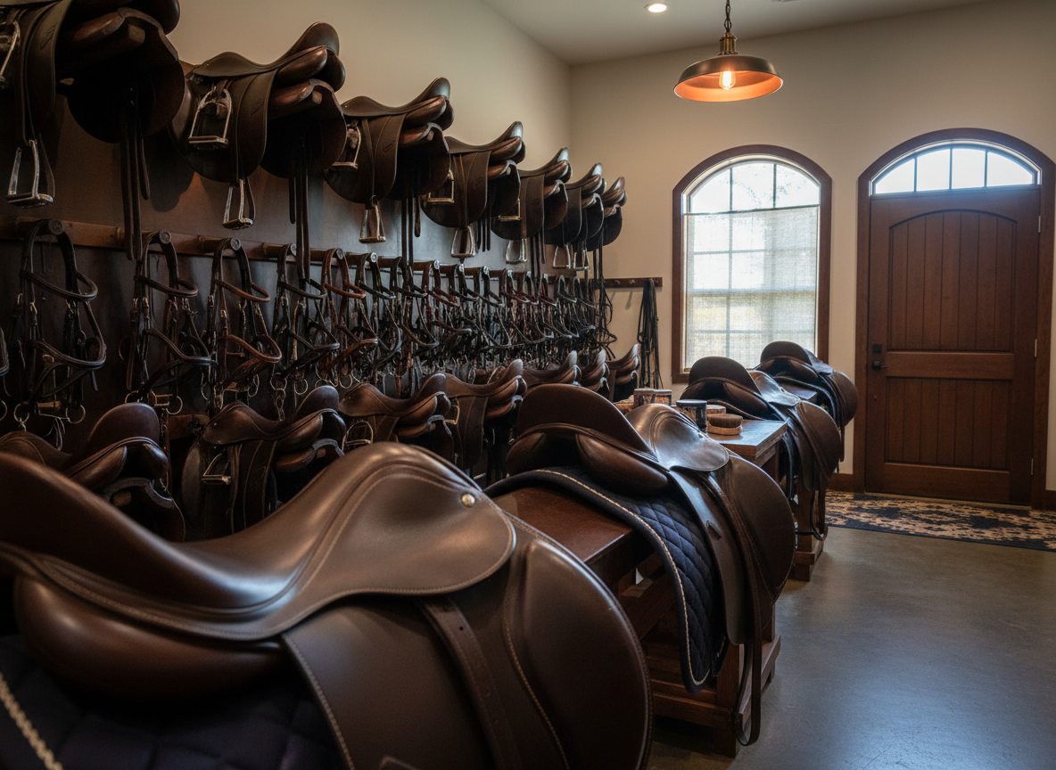 A meticulously organized tack room in a luxury horse boarding barn, featuring a wall of dark-stained wooden saddle racks and bridle pegs, each holding high-quality, well-oiled leather tack that glows softly under the light. The floor is smooth, sealed concrete with a subtle sheen, and a small, patterned rug in muted navy and cream adds a touch of sophistication near the entrance. Late afternoon sunlight enters through a single window, diffused by a light linen shade, while a warm overhead pendant casts gentle, focused light on the center of the room. Photographed at a slightly elevated angle, the composition highlights rows of polished saddles leading into the depth of the space, with selective focus on the nearest saddle’s fine stitching. The mood is orderly, luxurious, and quietly professional, rendered in clean photographic realism.